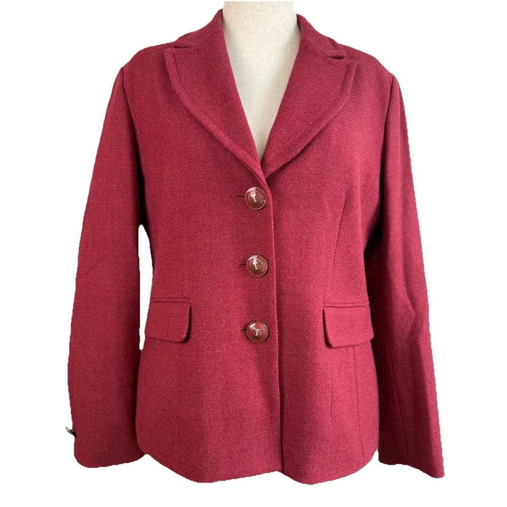 Talbots‎ Rosy Red Cranberry T Logo Buttons Blazer Jacket Women's 14 100% Wool